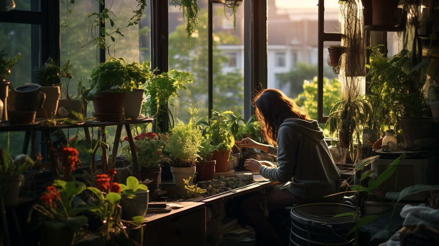 Woman tending to healthy plants in a cozy window