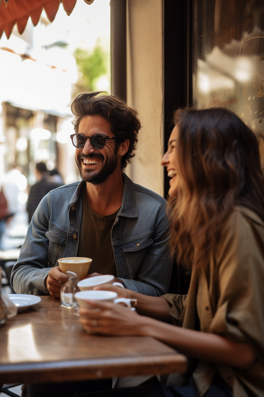 Smiling couple enjoying morning espresso in Rome