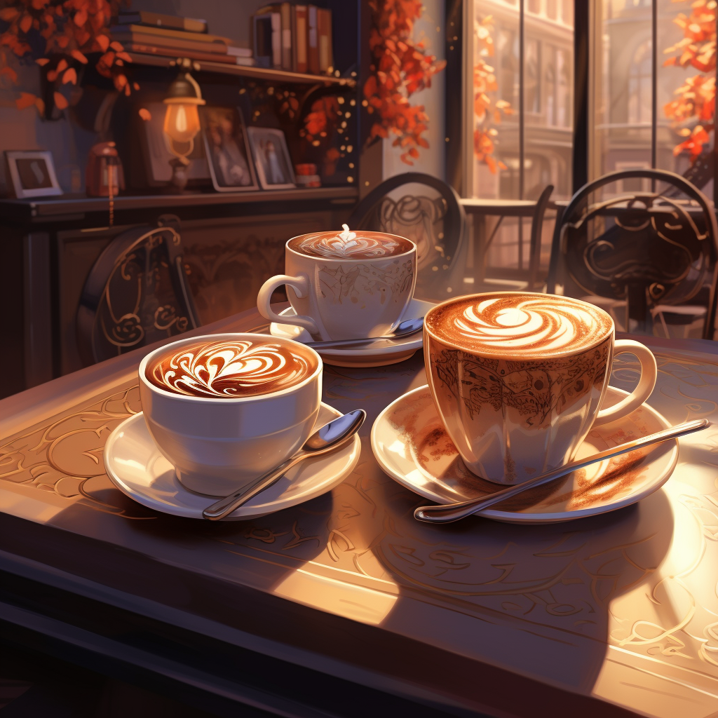 Cozy café scene with steaming cups and latte art