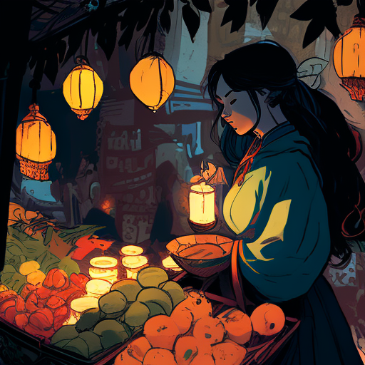 Woman Vendor with Fruits, Plants, Candels, and Lanterns