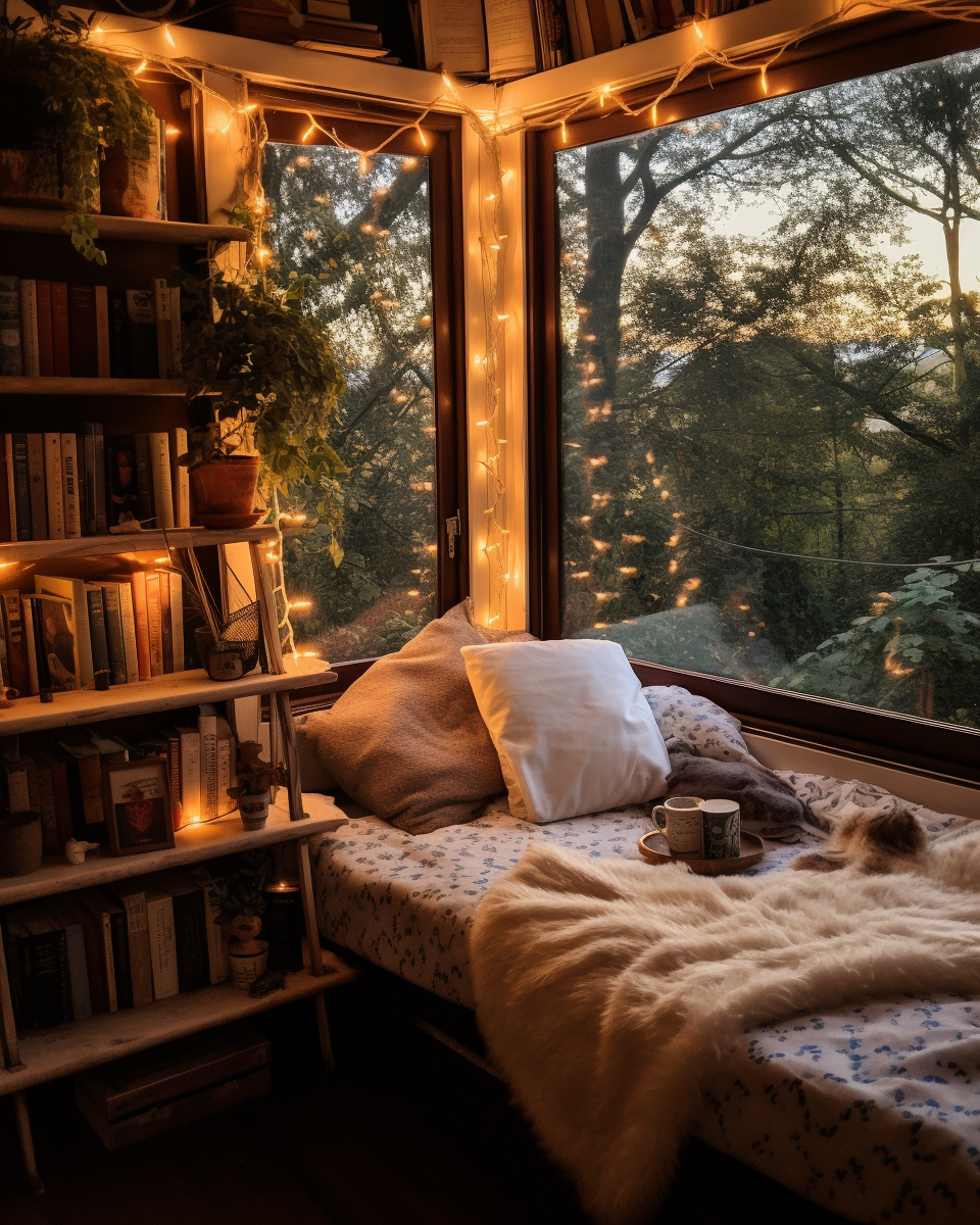 Cozy reading nook with fairy lights