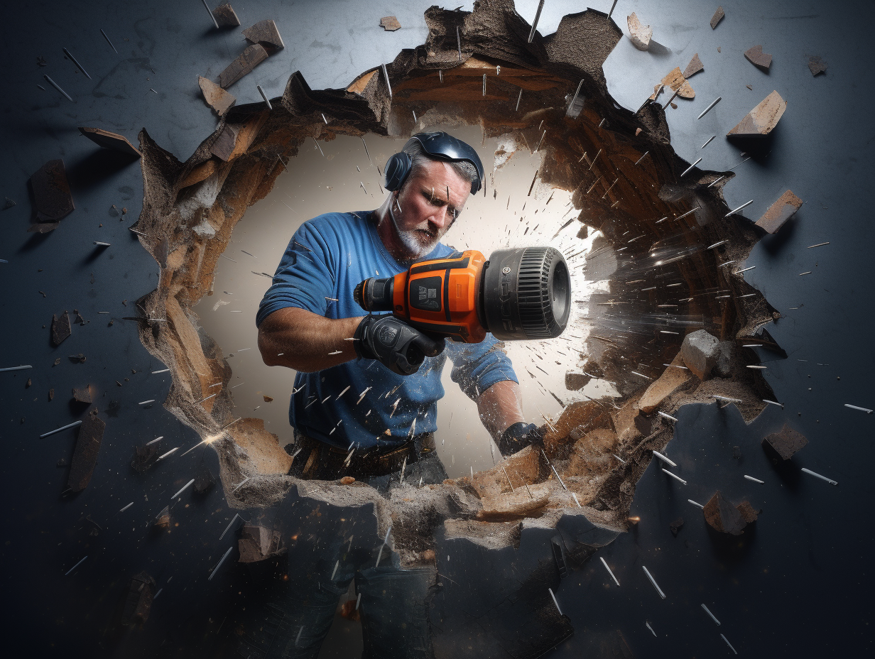 Crazy handyman drilling hole in wall