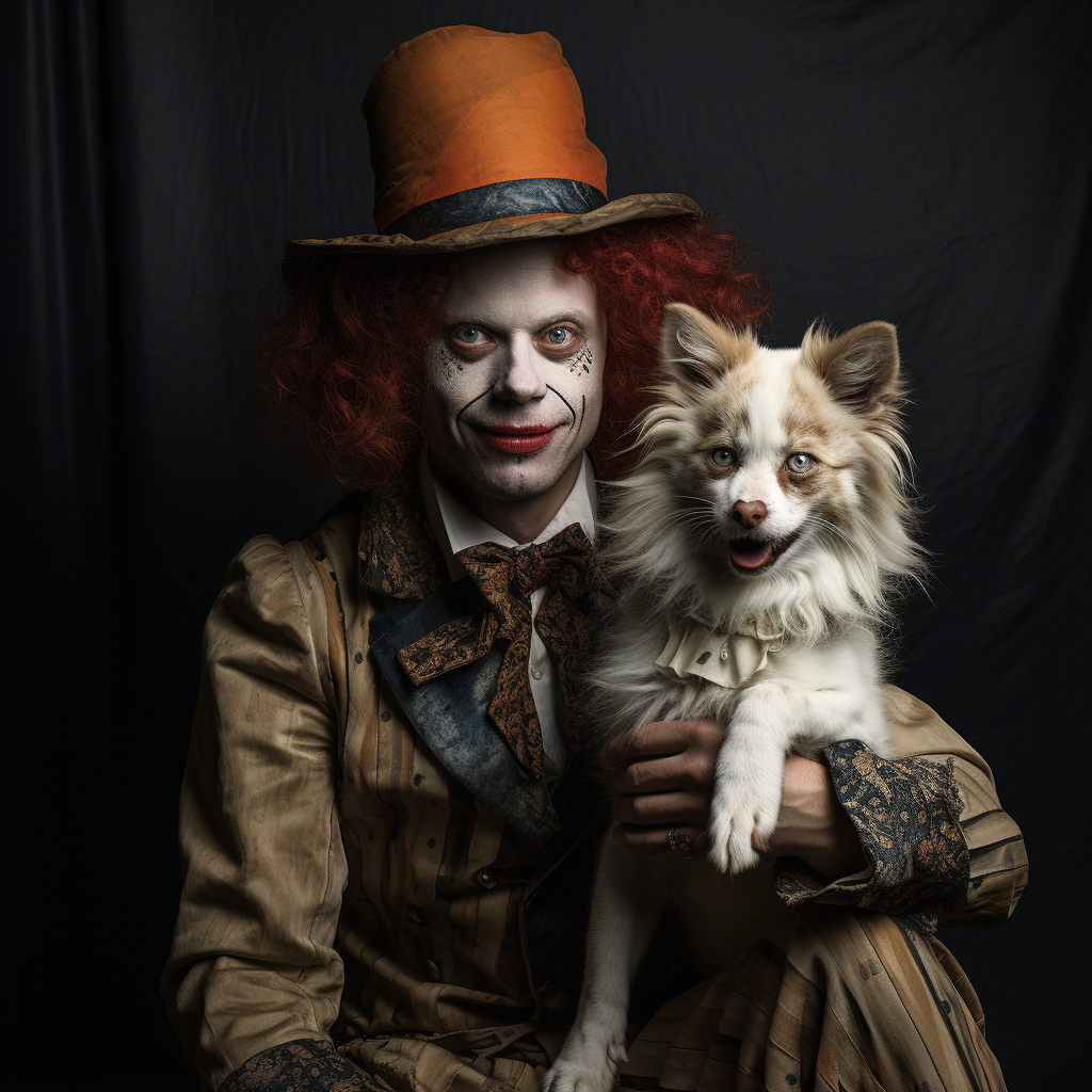 Creepy clown with pet fox dressed as clown