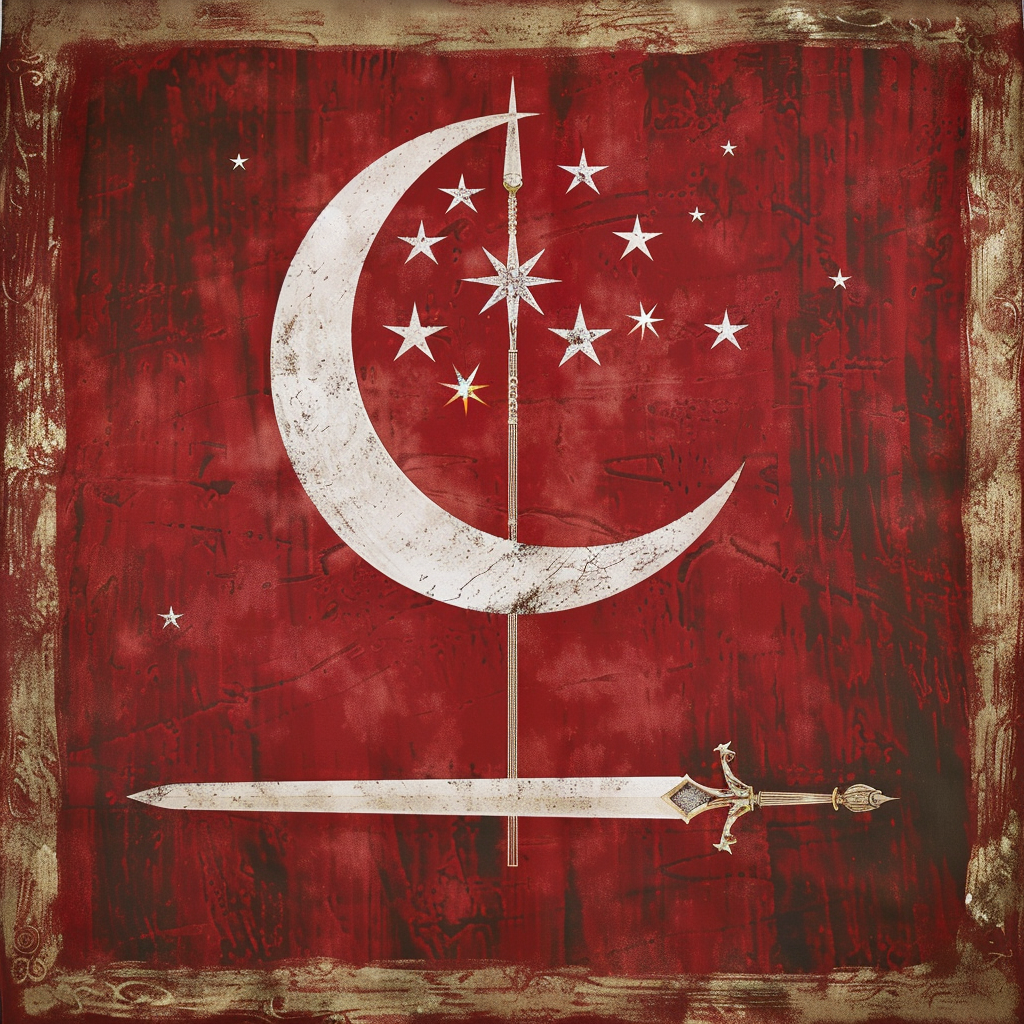 crimson flag with moon, stars, sword