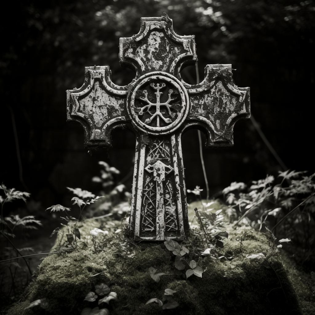 Cross tombstone in black and white