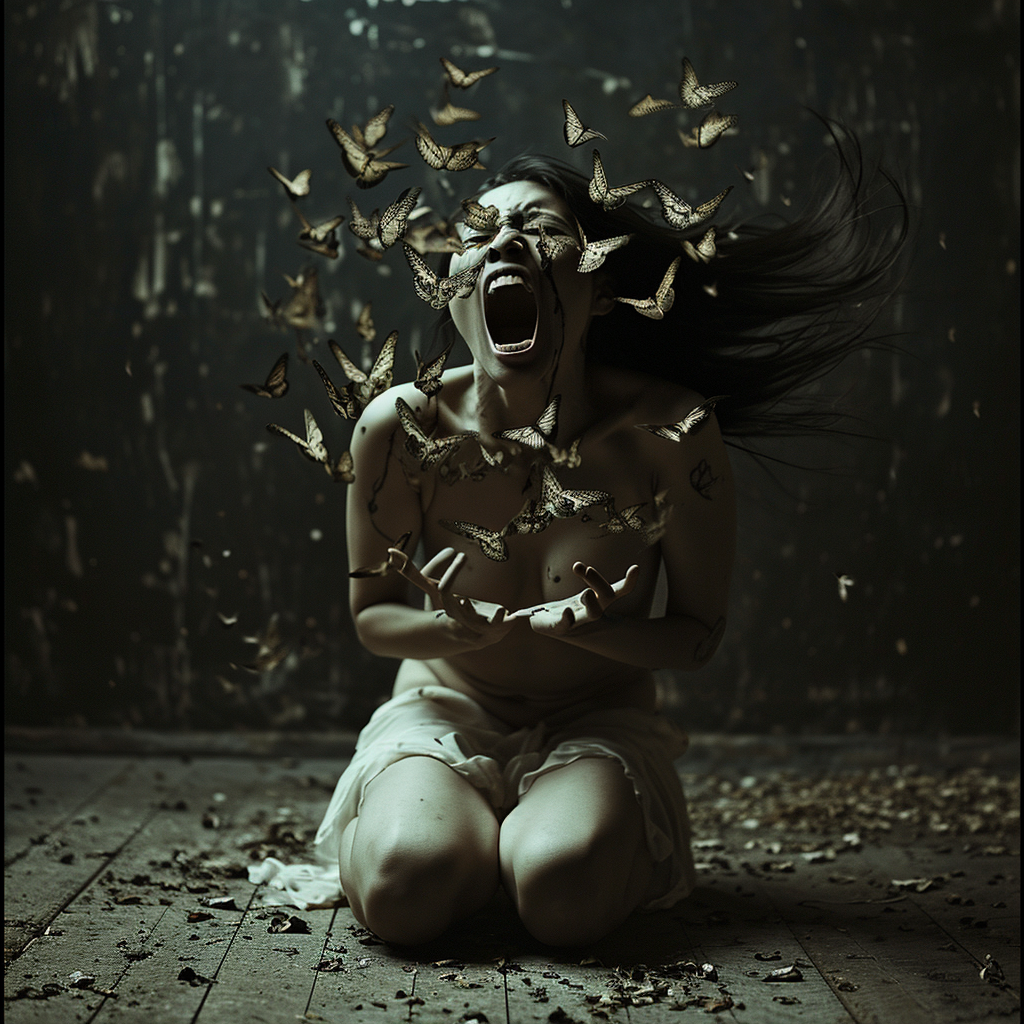 Crouching woman screaming with moths and butterflies