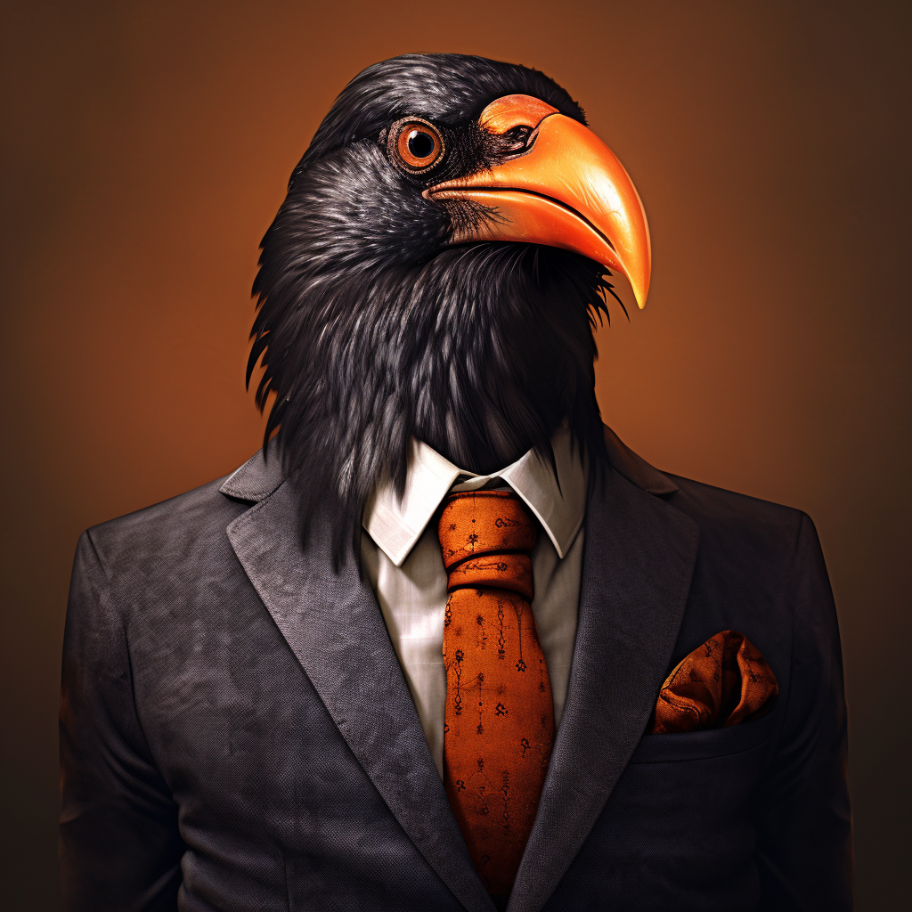 Crow bird wearing orange tie