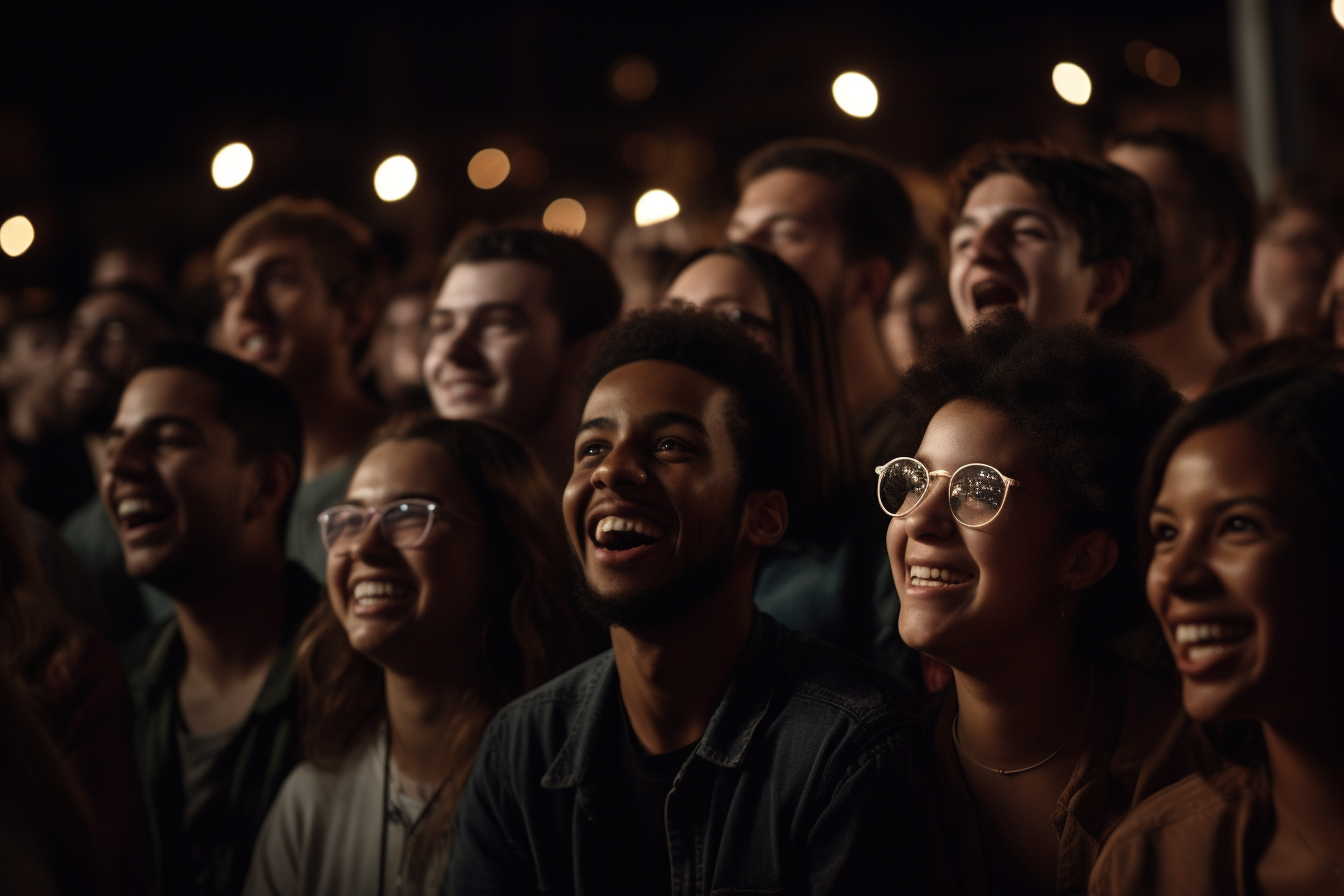 Smiling laughing crowd watching show at night