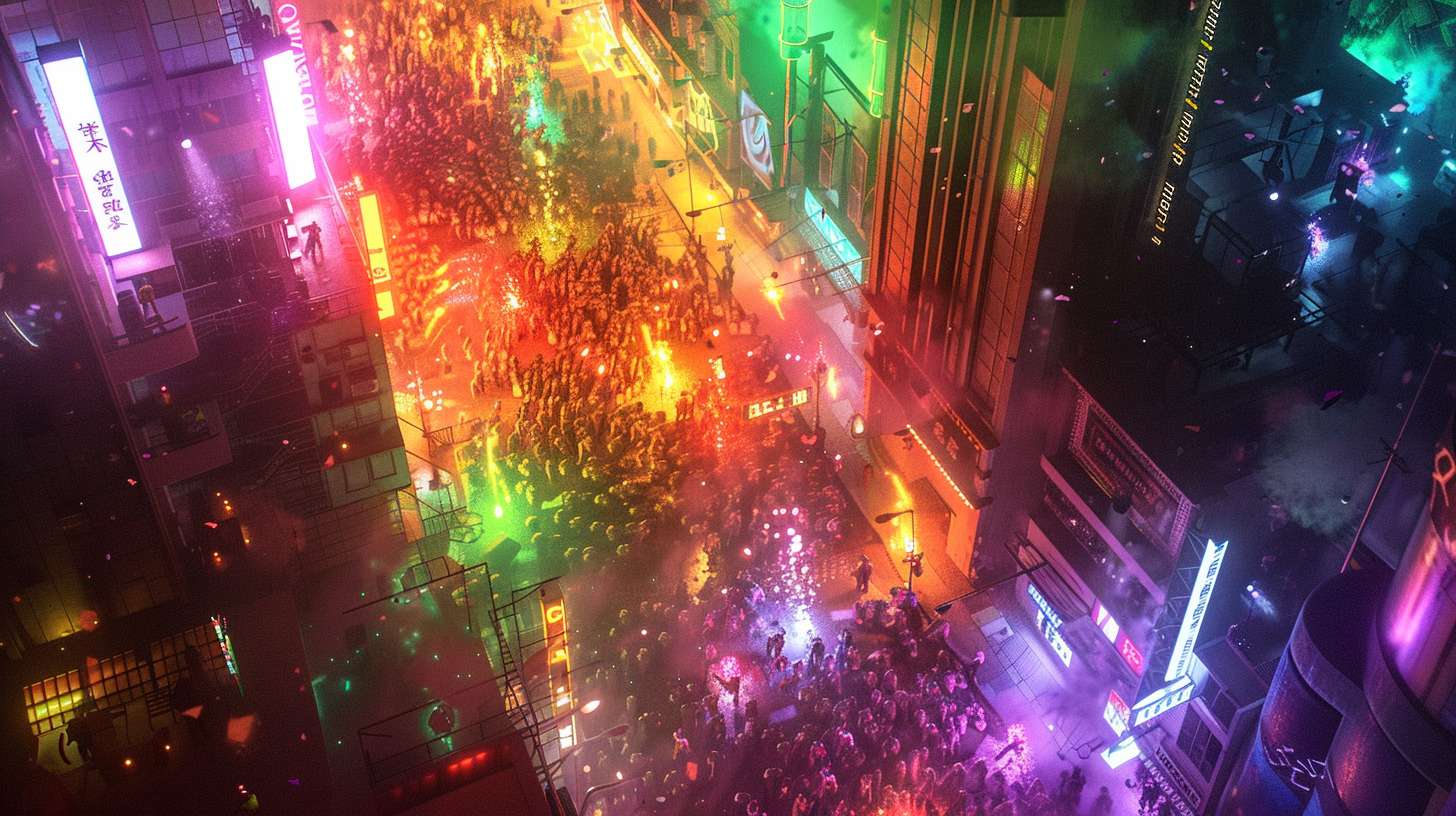 Crowd battle war neon colors view