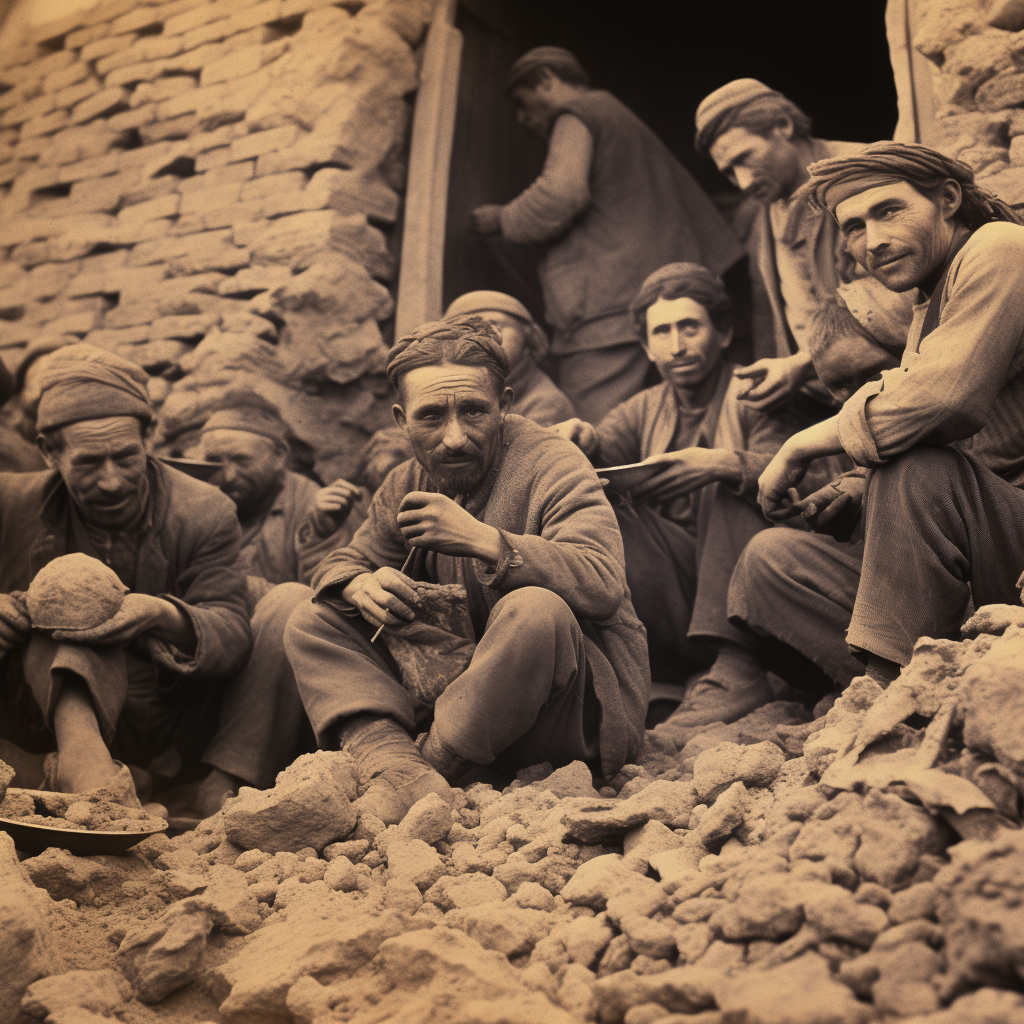 People eating bread in crowded conditions