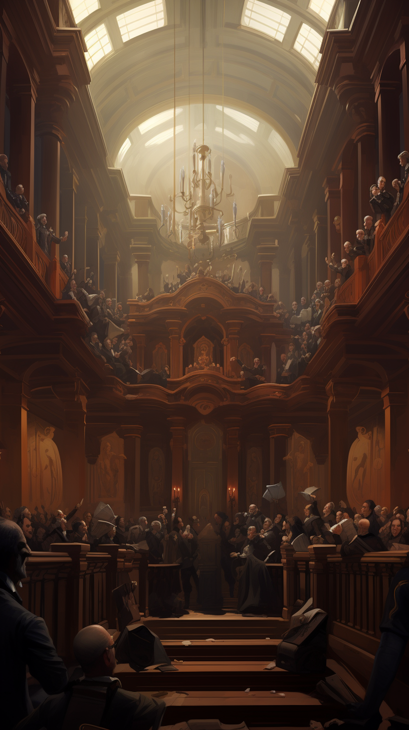 Busy court scene with dramatic lighting