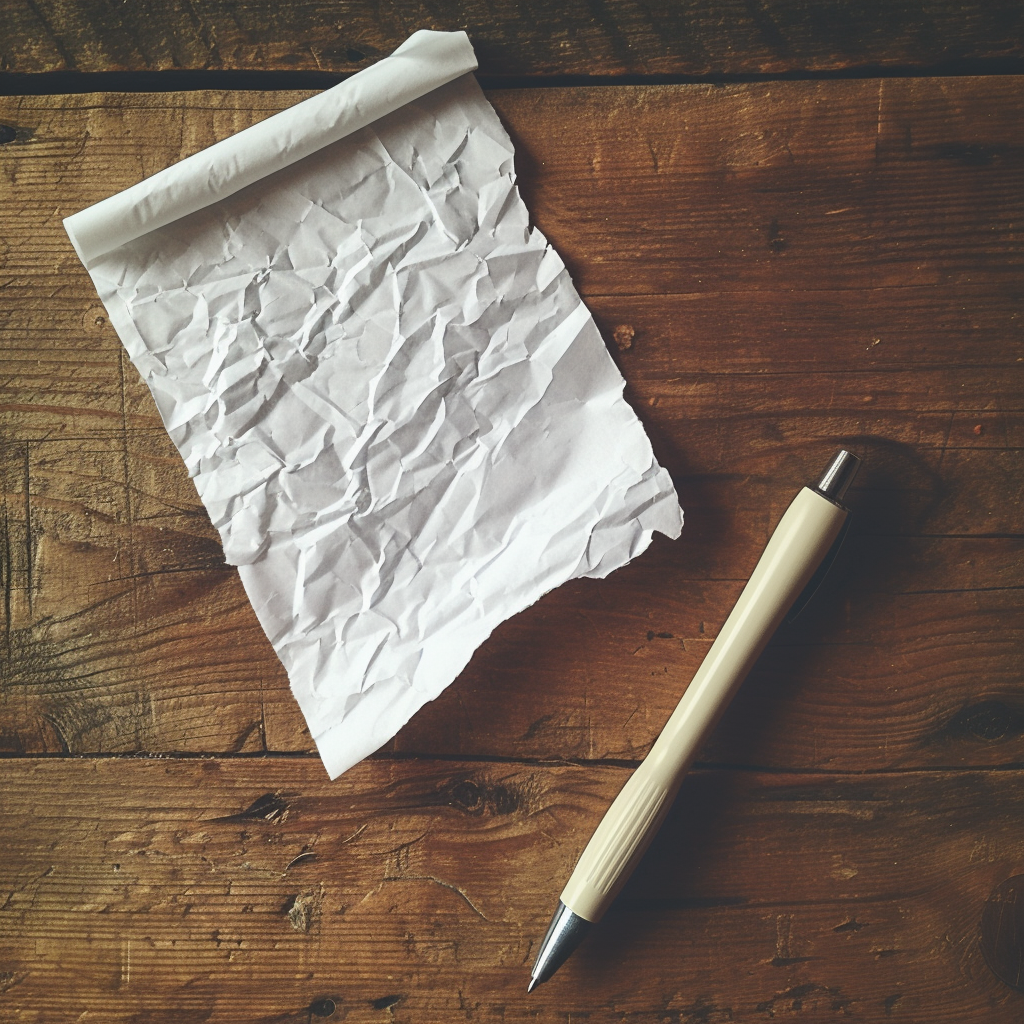 Crumpled sheet of paper, pen, wooden table