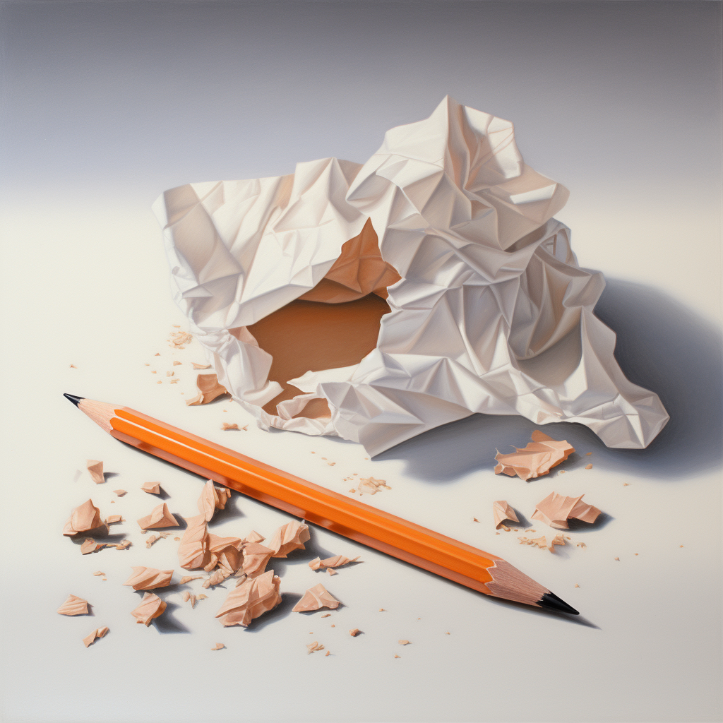 Realistic crumpled paper with pencil, eraser, and shavings