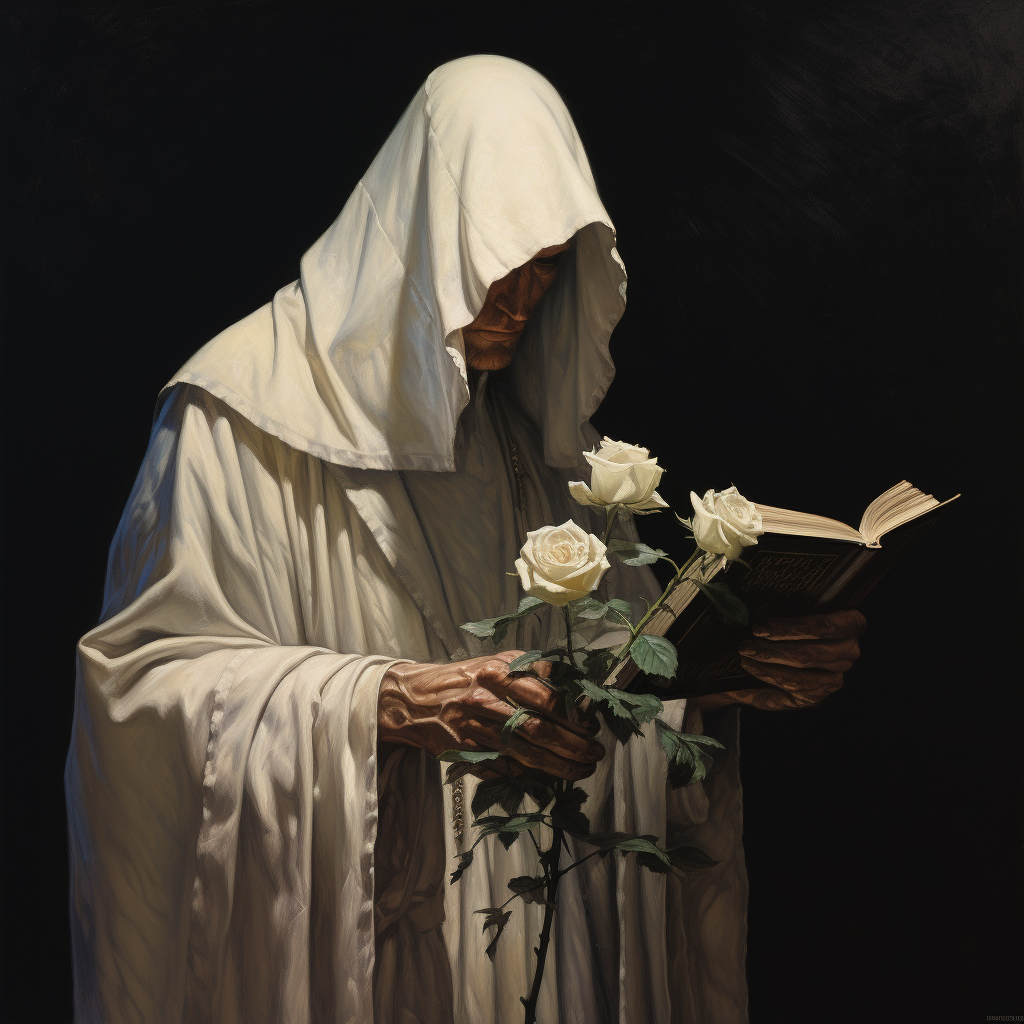 Religious cultists holding a white rose