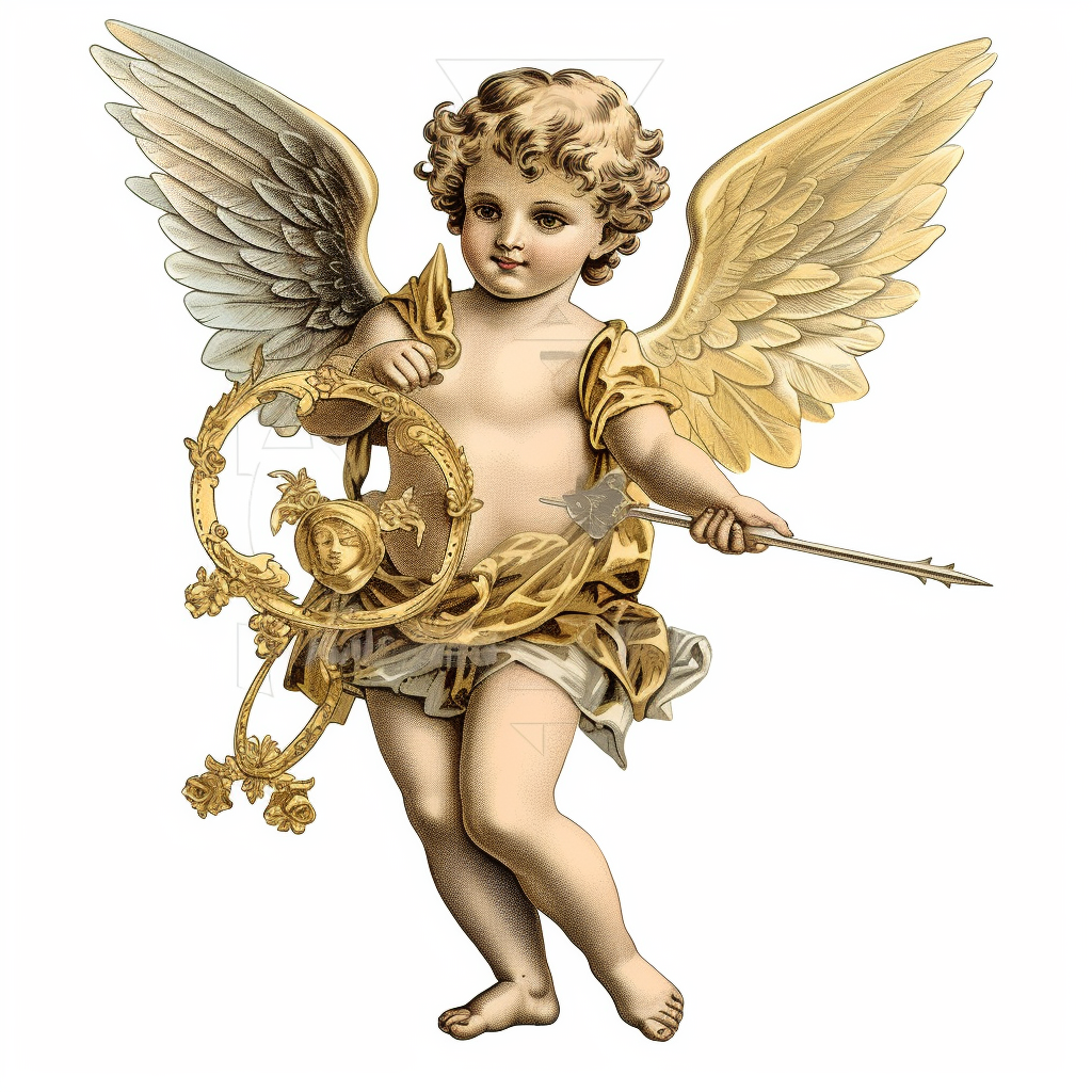 Vintage cupid angel with golden warhammer isolated