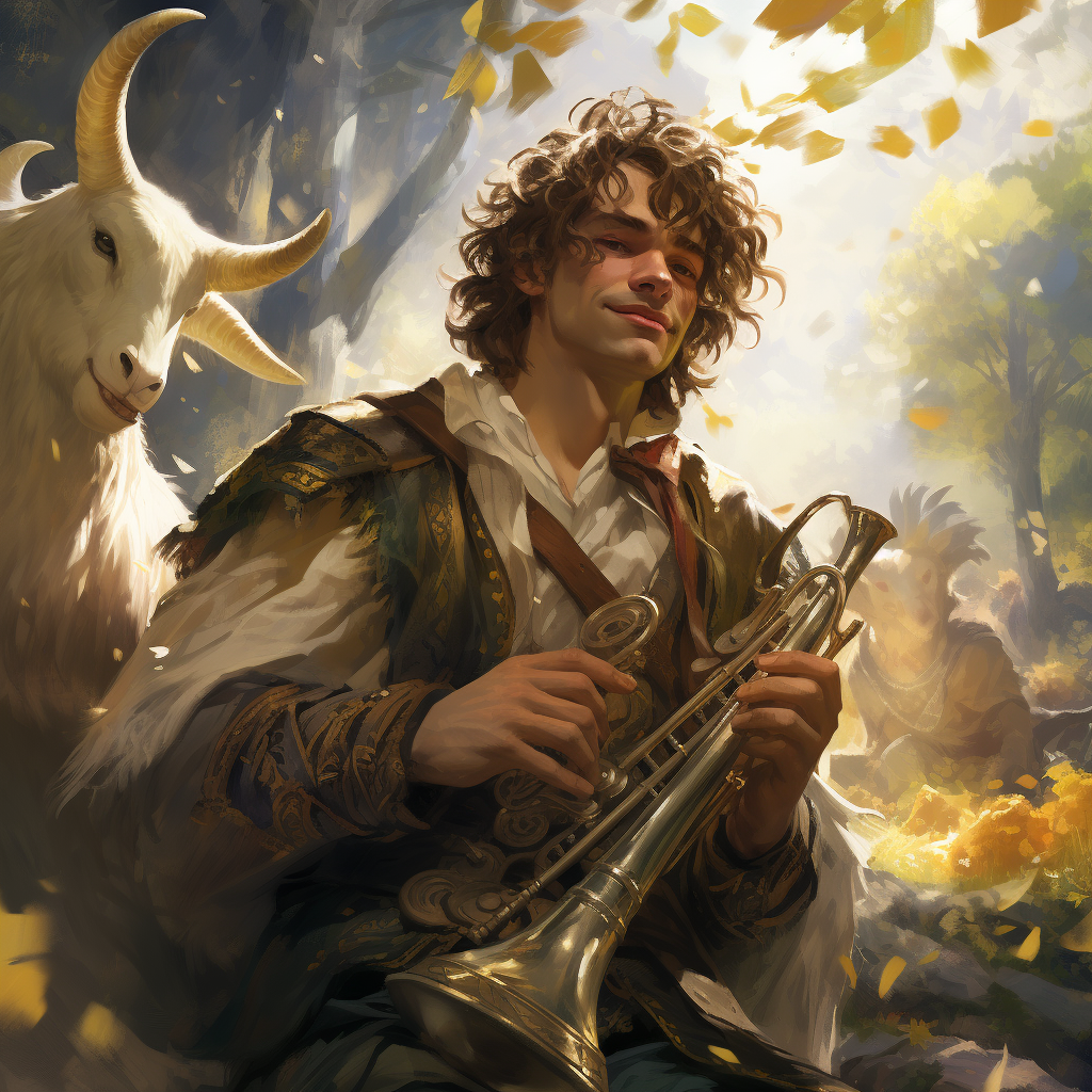 Satyr playing a brass horn at an outdoor medieval festival