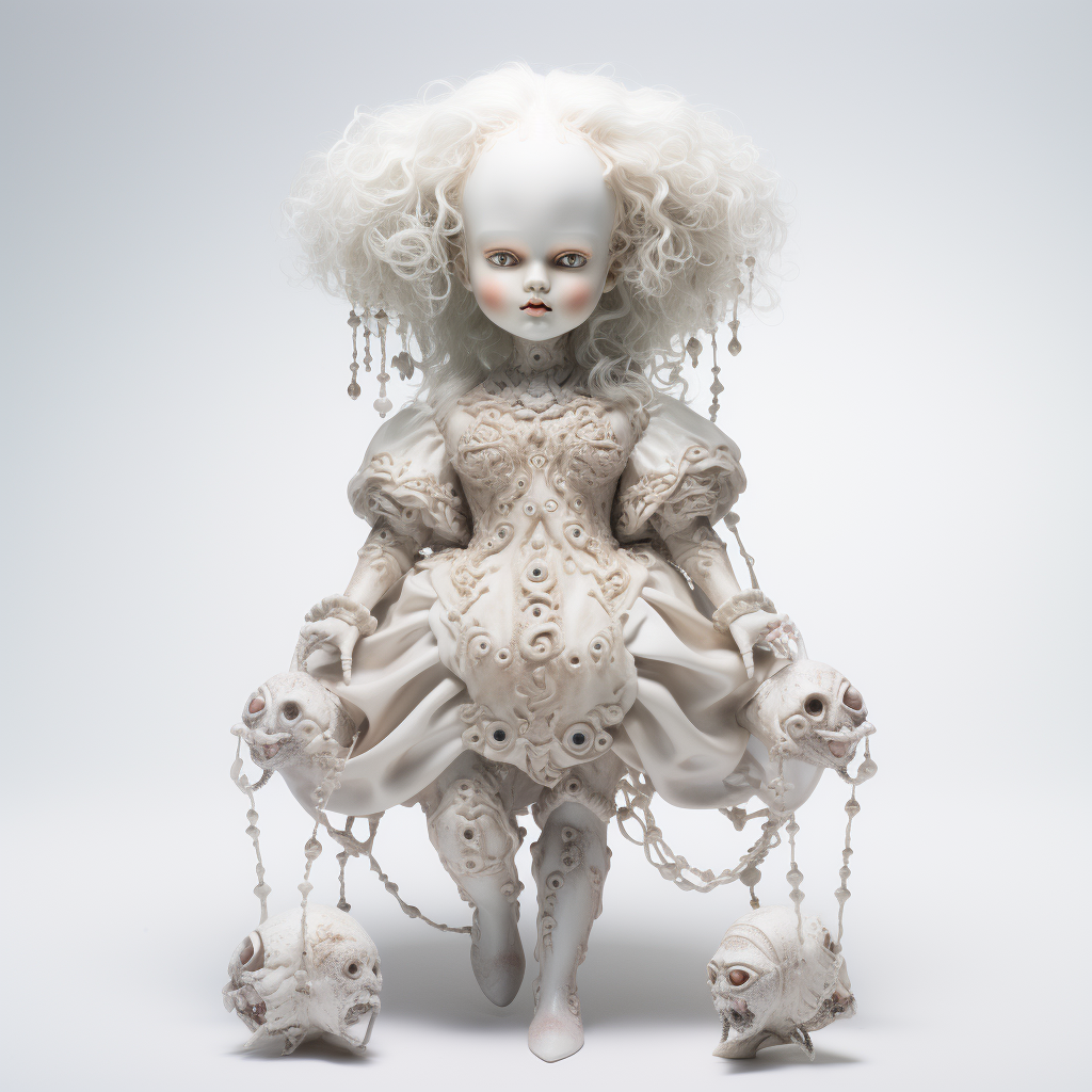 Cursed porcelain doll on white background