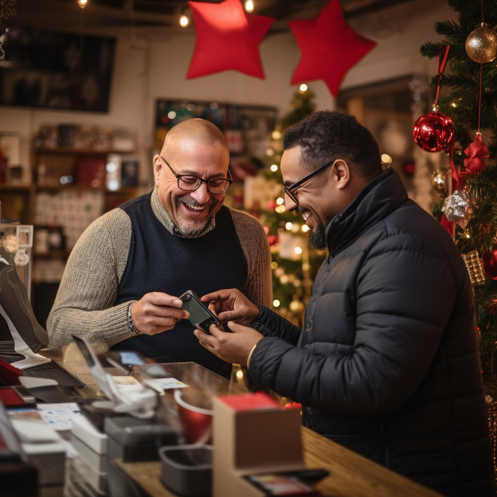 Small business owner and customer using credit card during Christmas