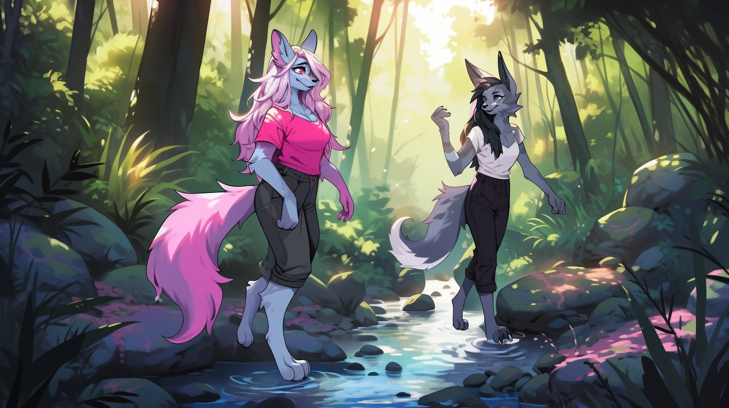 Anthro wolf and bunny in forest