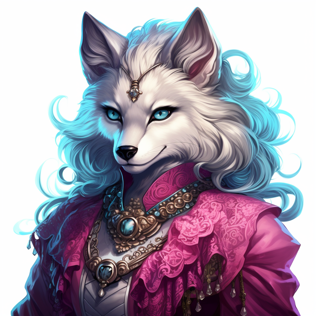 Cute wolf with magenta fur in blue dress