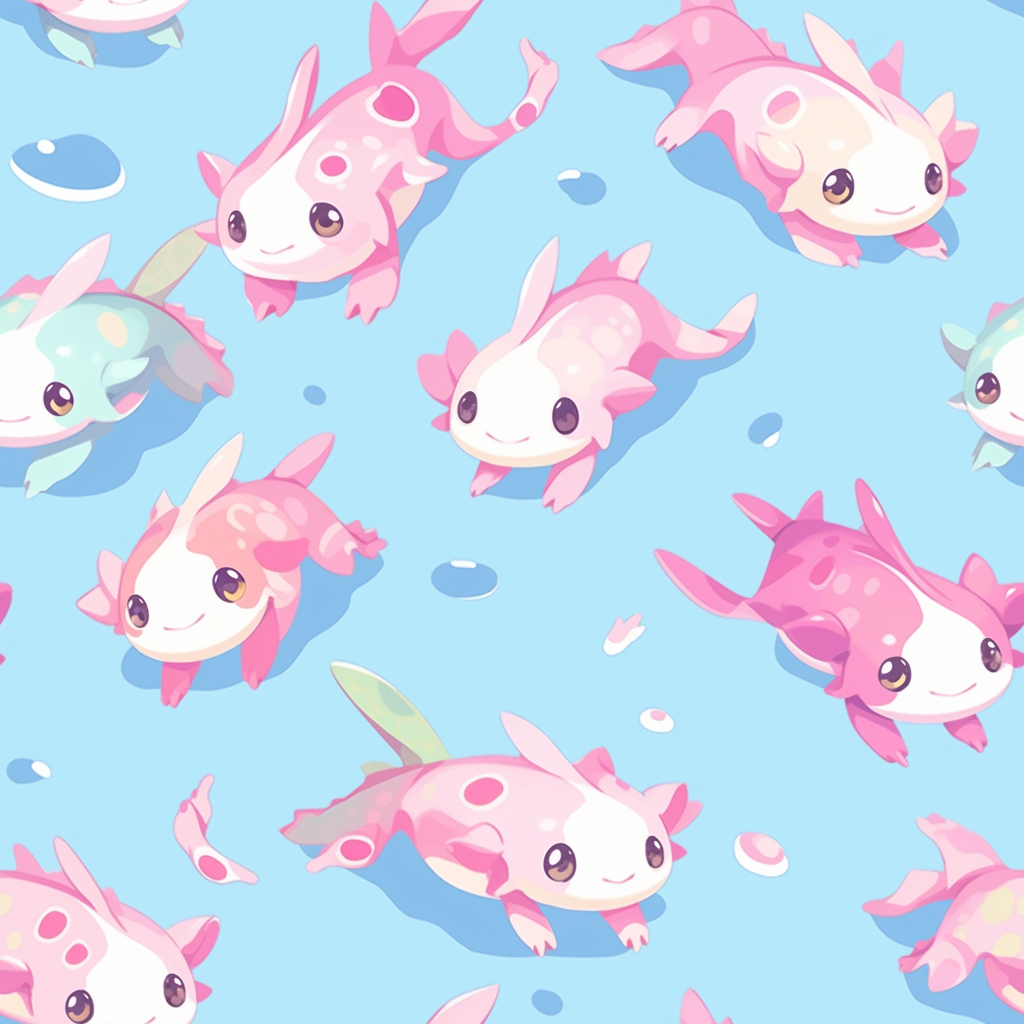 Cute axolotls swimming in Niji tile pattern