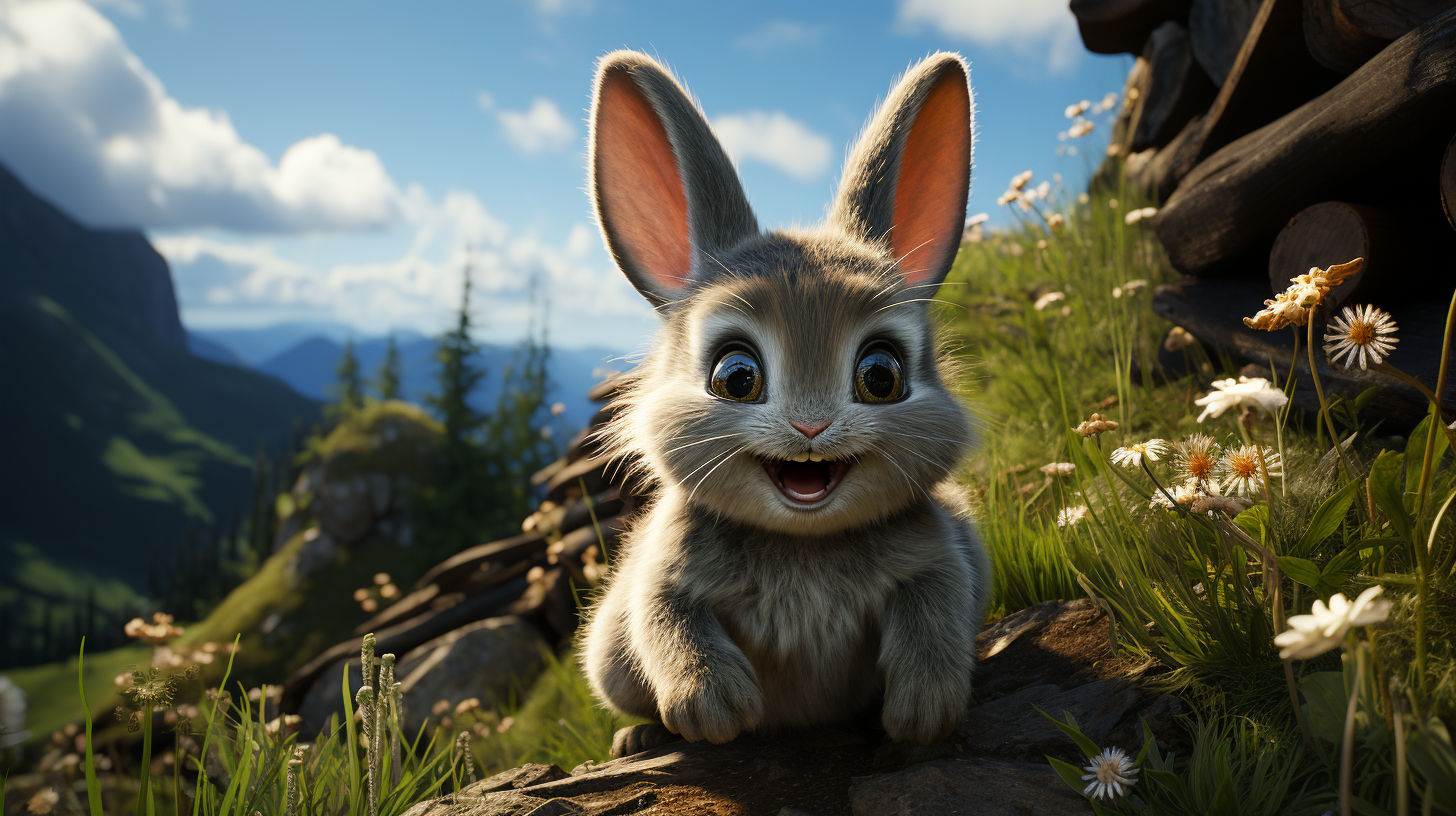 Playful black baby rabbit on mountain