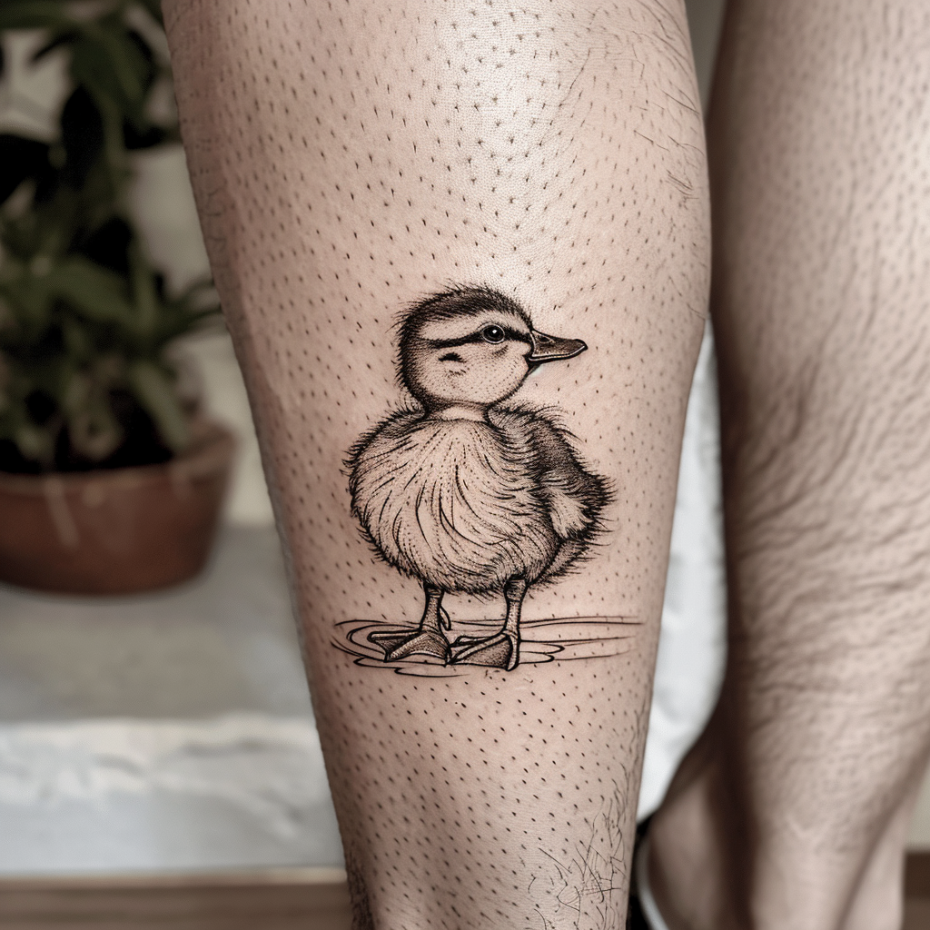 Baby duckling tattoo on man's leg