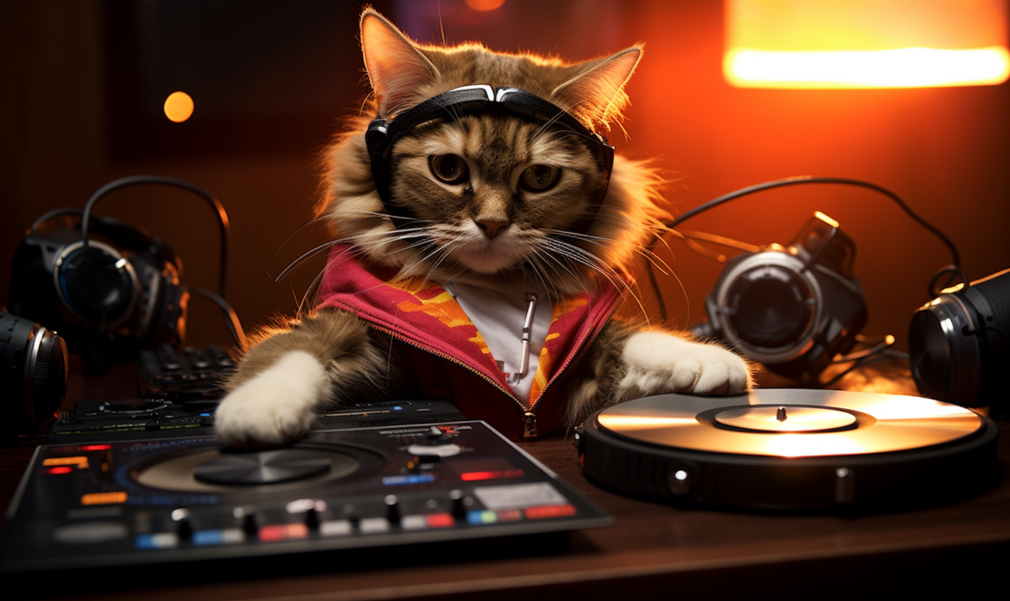 Adorable cat DJ-ing with headphones