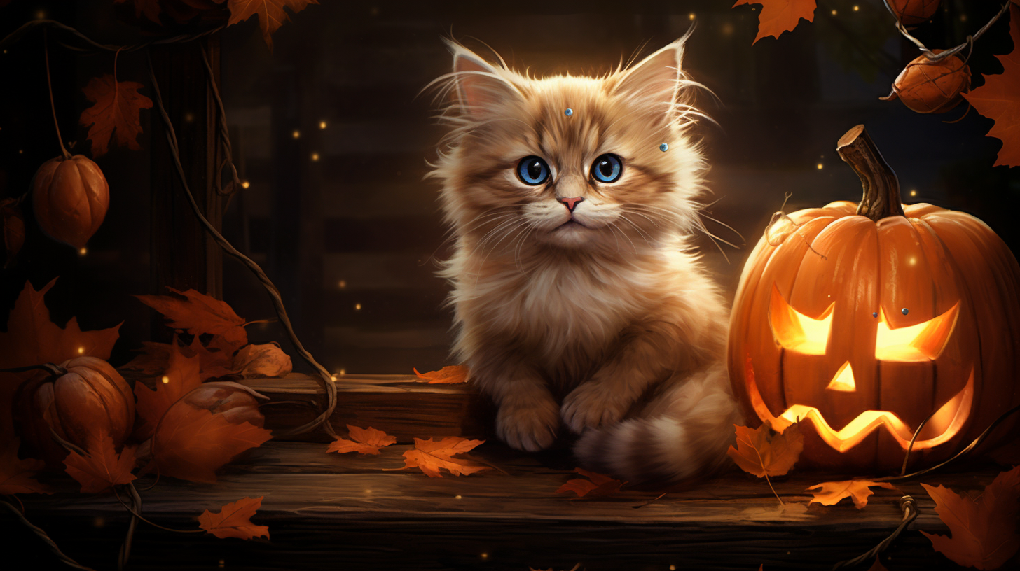 Adorable cat surrounded by pumpkins