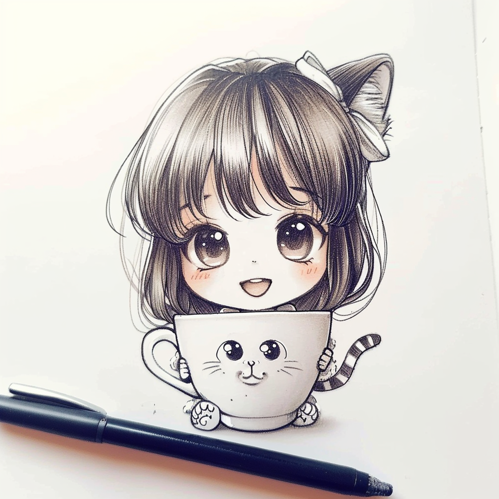 Cute Chibi Girl with Cat in Cup