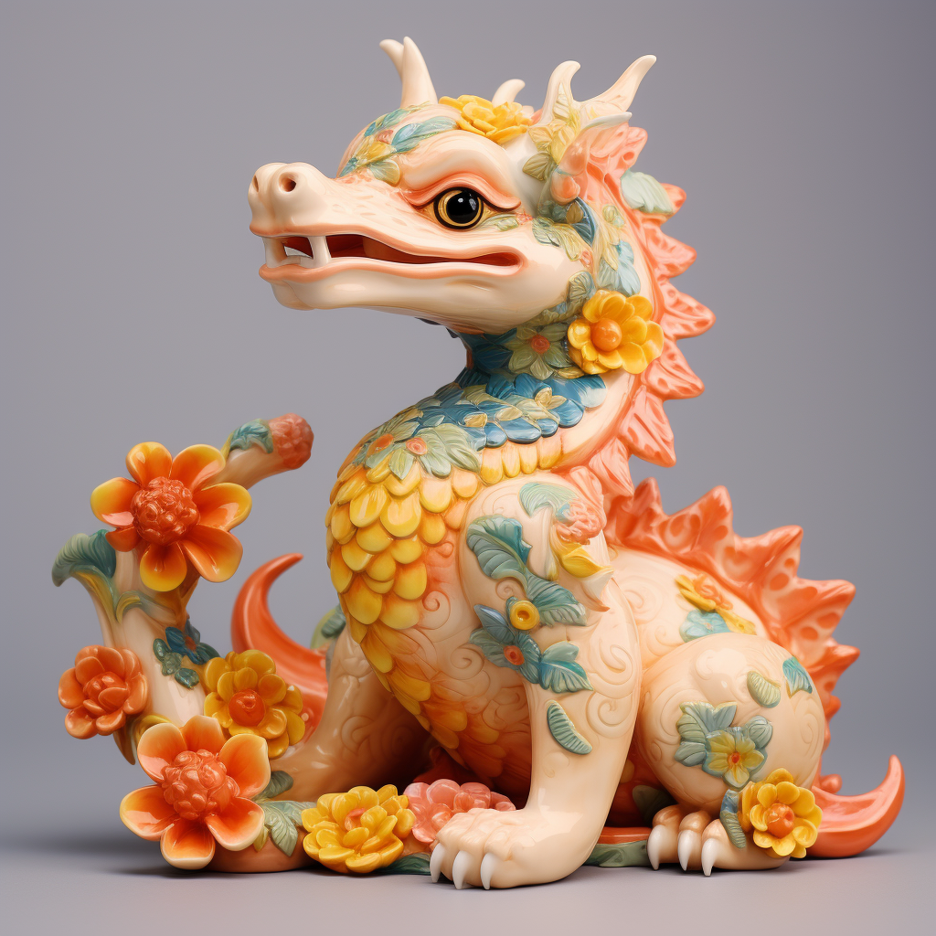 Chinese ceramic dragon with flowers and cones