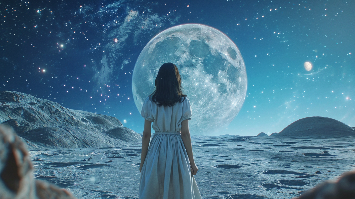 Cute K-Pop girl on the moon with Earth background