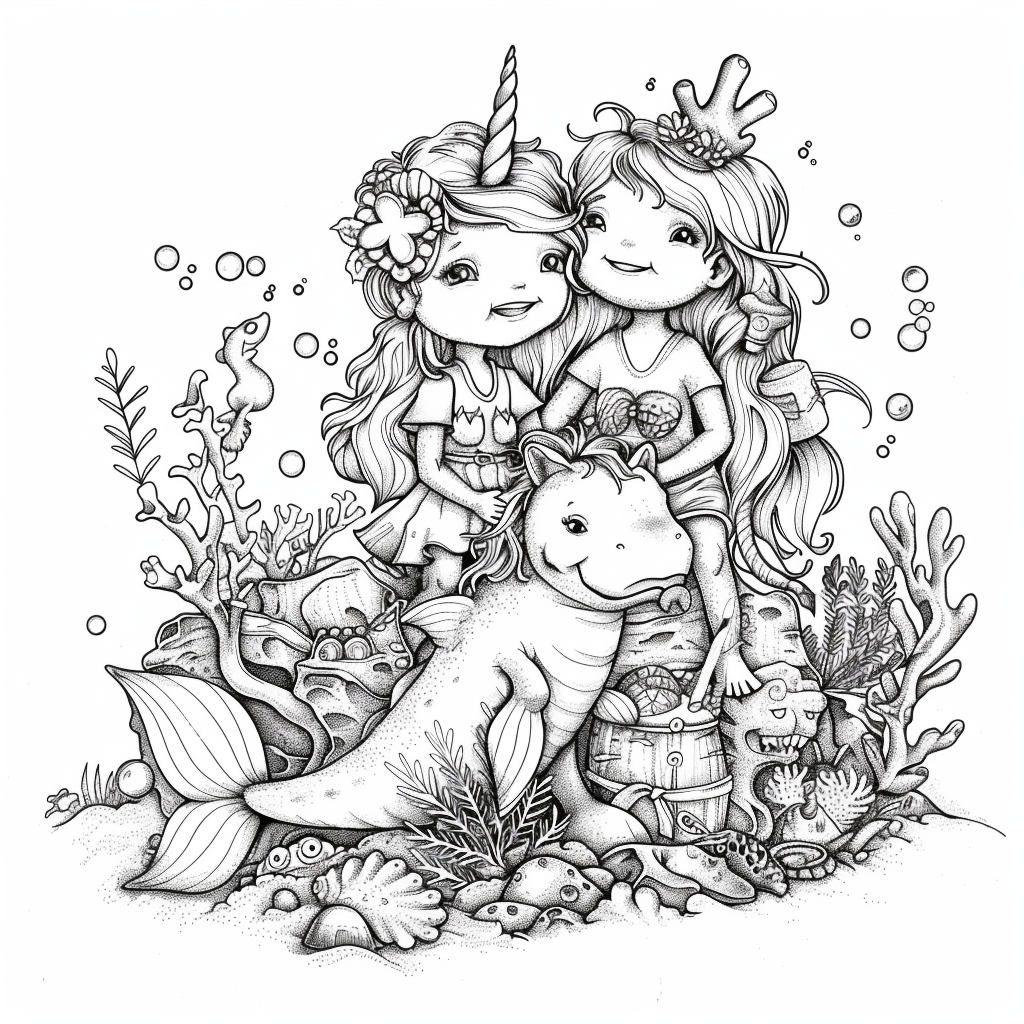 Coloring Page Mermaid Unicorn Family