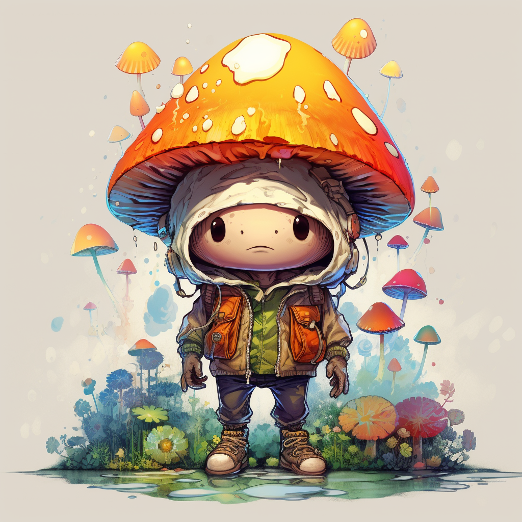 Cute playful mushroom humanoid manga illustration