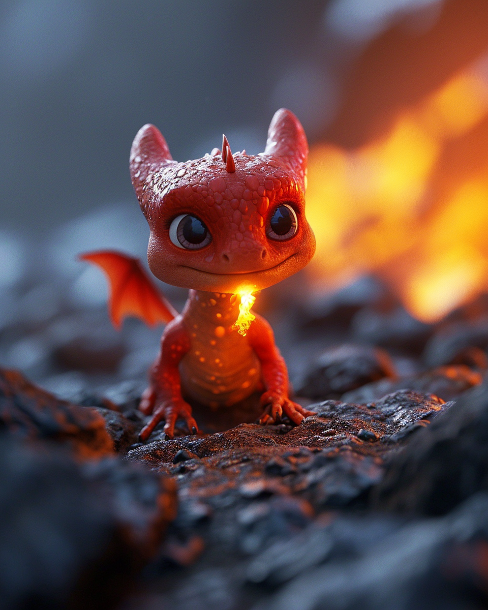 Cute red baby dragon with flame on molten rocks