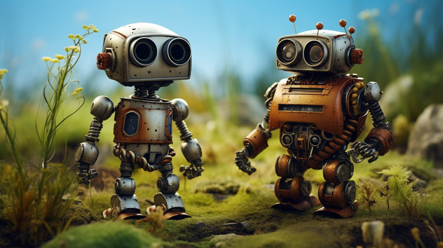 Tall cute robots in realistic photo