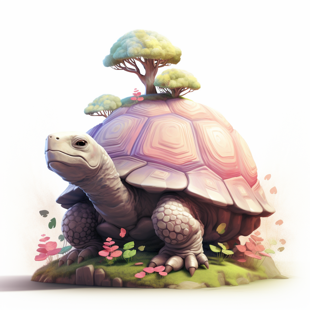 Cute tortoise with tree and moss