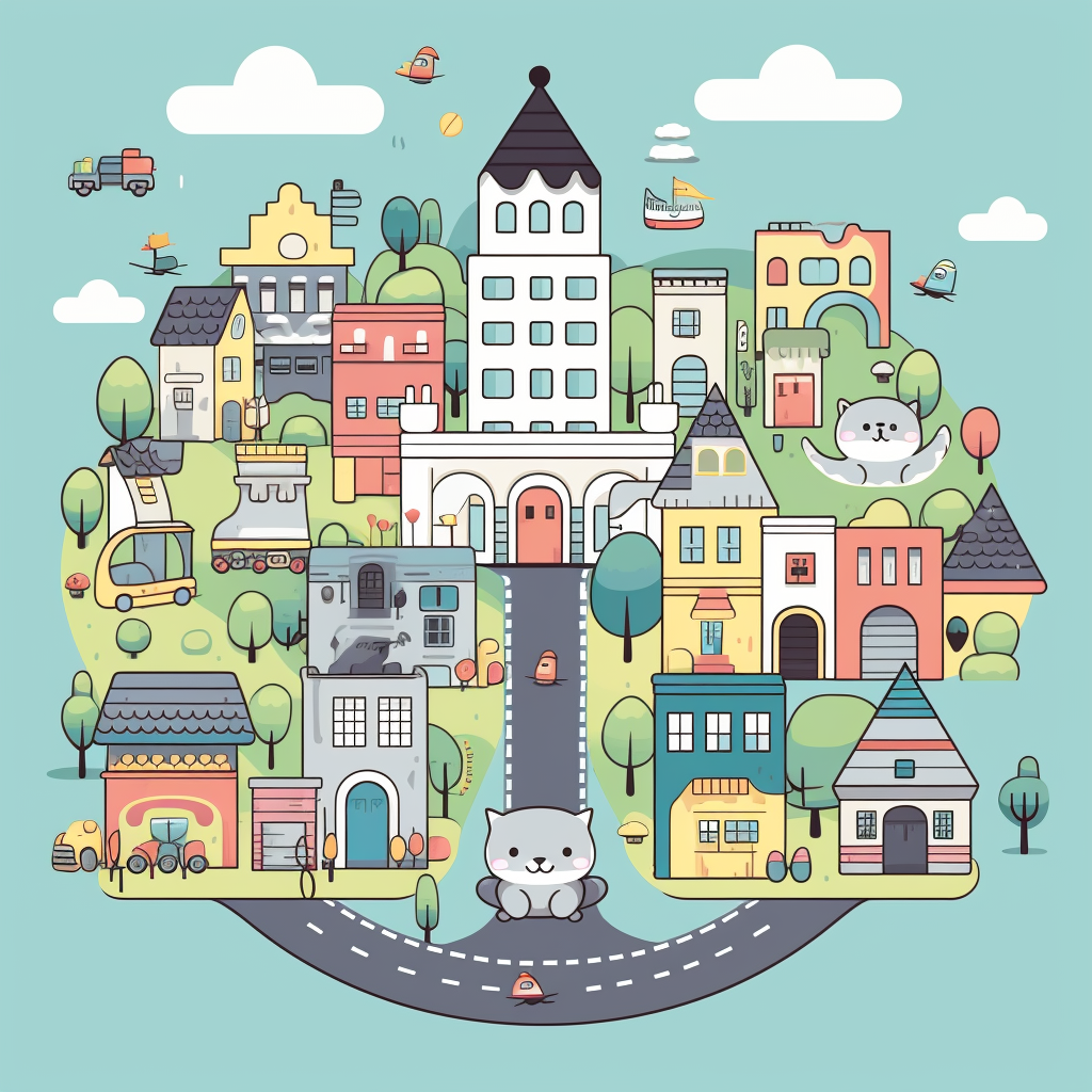 Cute town illustration in gray colors