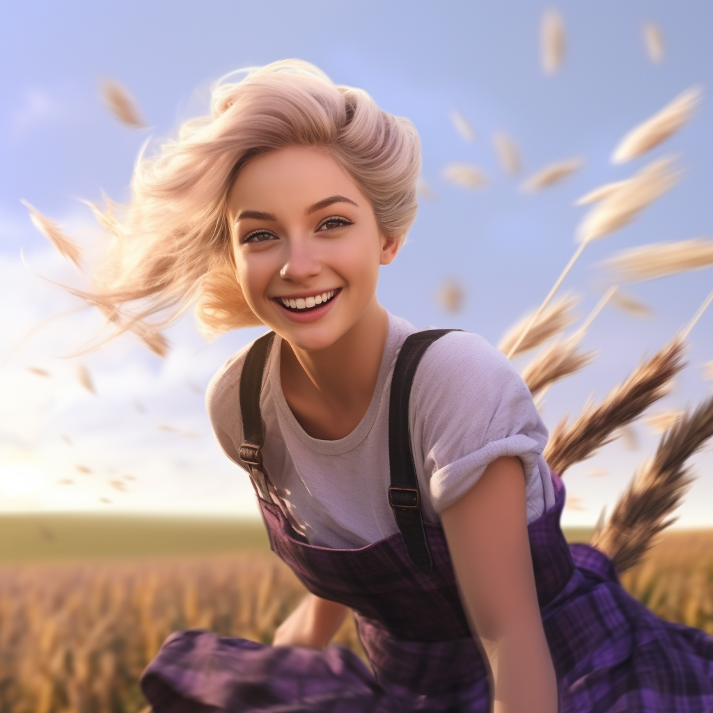 Blonde girl flying over lilac field