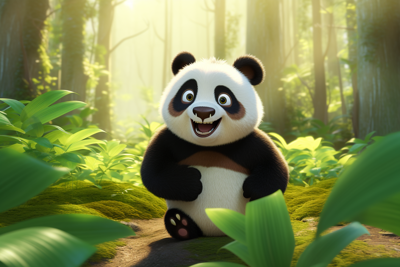 Cute Cartoon Panda in Photorealistic Forest