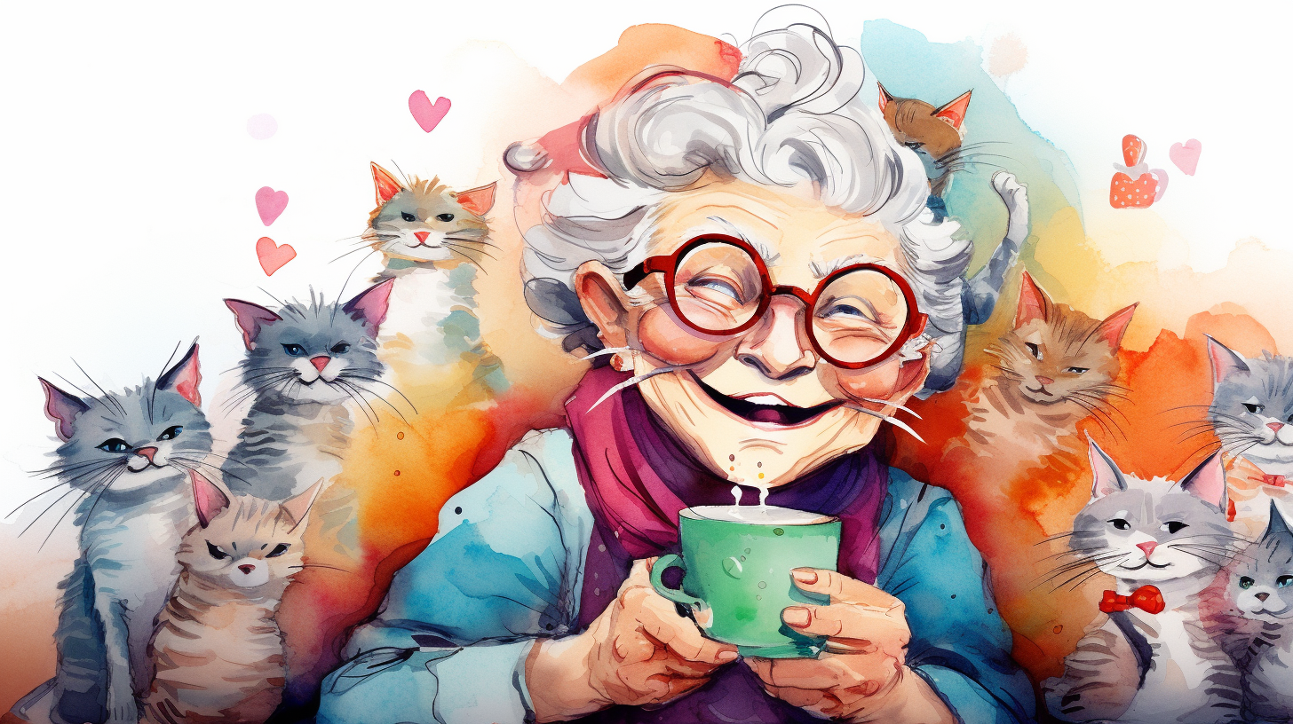 Cartoon Granny with Coffee and Cats