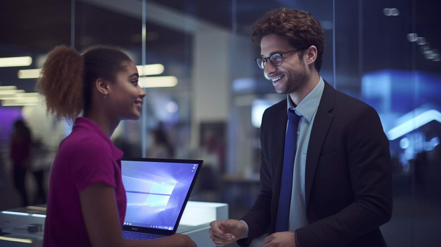 Man buying a Microsoft computer from a sales advisor