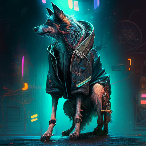 Cyberpunk dog reflecting on life