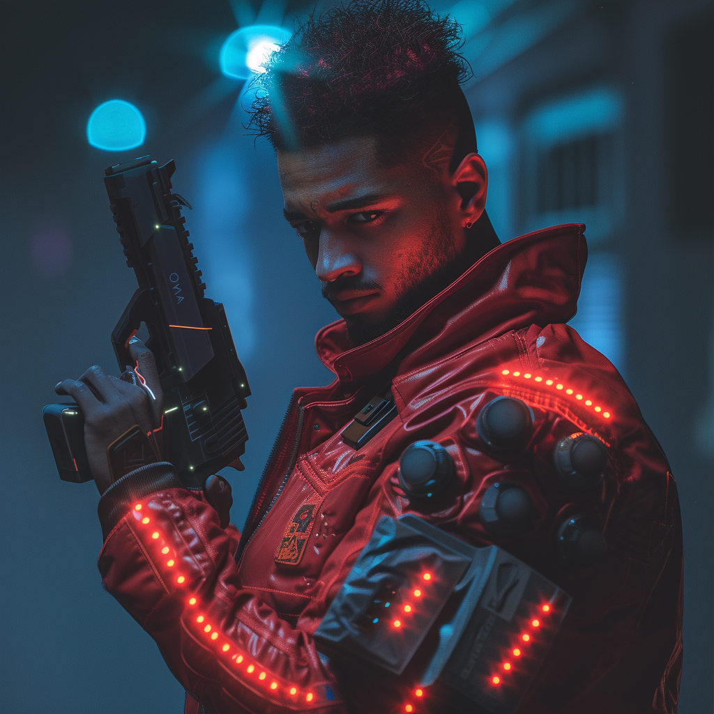 Cyberpunk Mobster with Red Jacket and Pistol