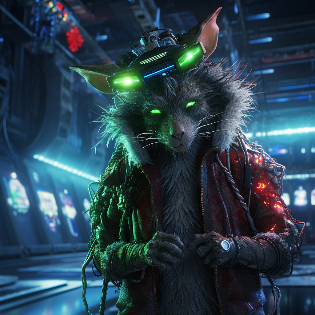 Cyberpunk mouse dressed as Grinch in data center