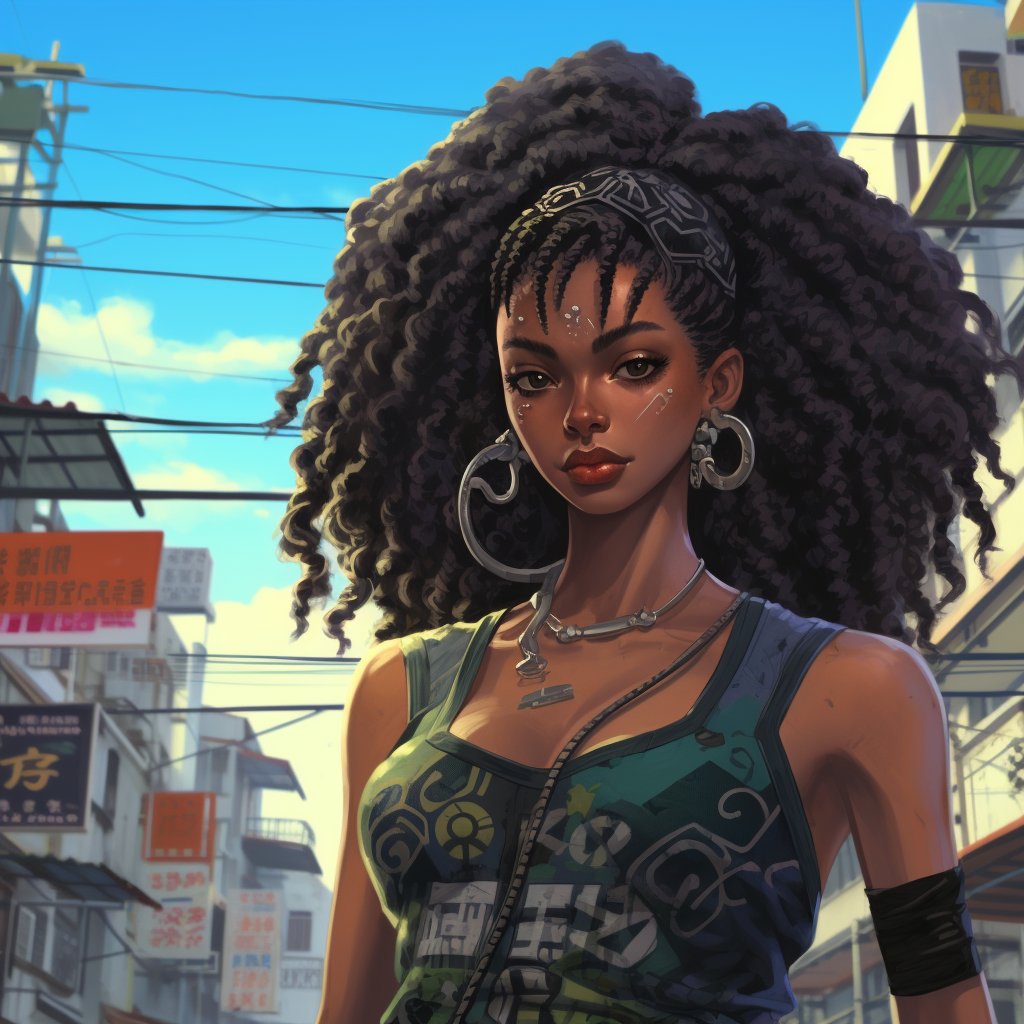 Cyberpunk anime illustration of a half Japanese and half black woman with curly hair