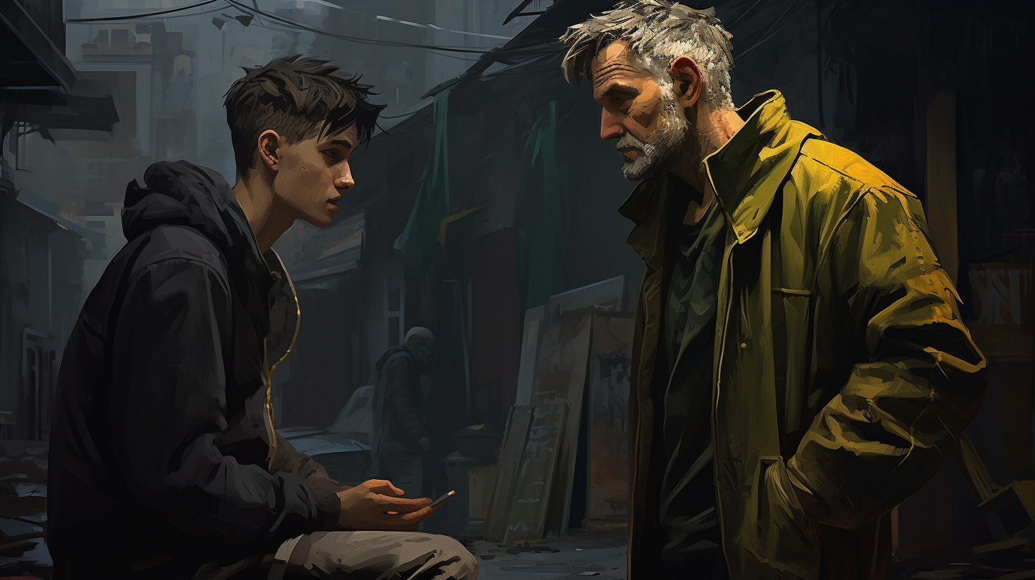 Cyberpunk street thug with old teacher-figure man