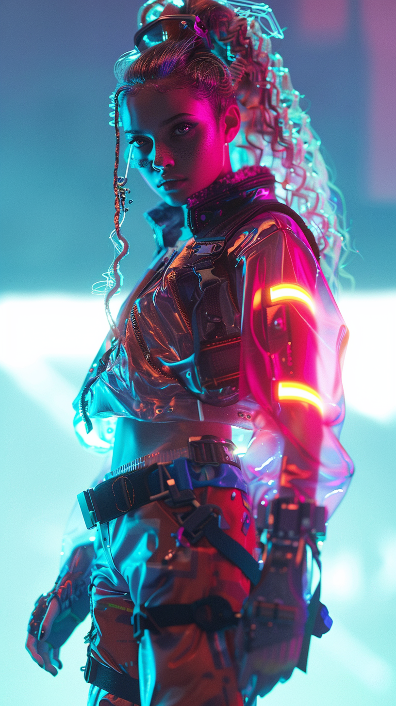 Woman in plastic cyberpunk outfit