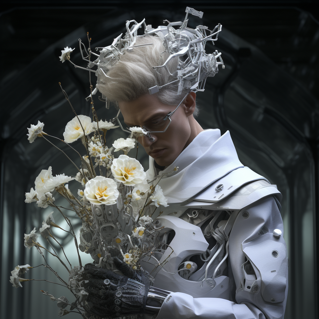 Cyberpunk botanist with plastic flowers