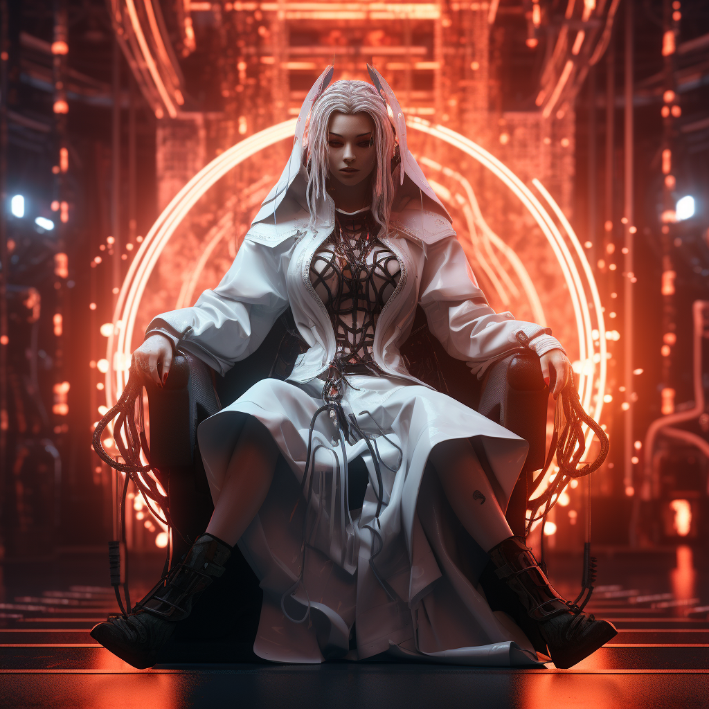 Cyberpunk bountyhunter on throne with neon lights